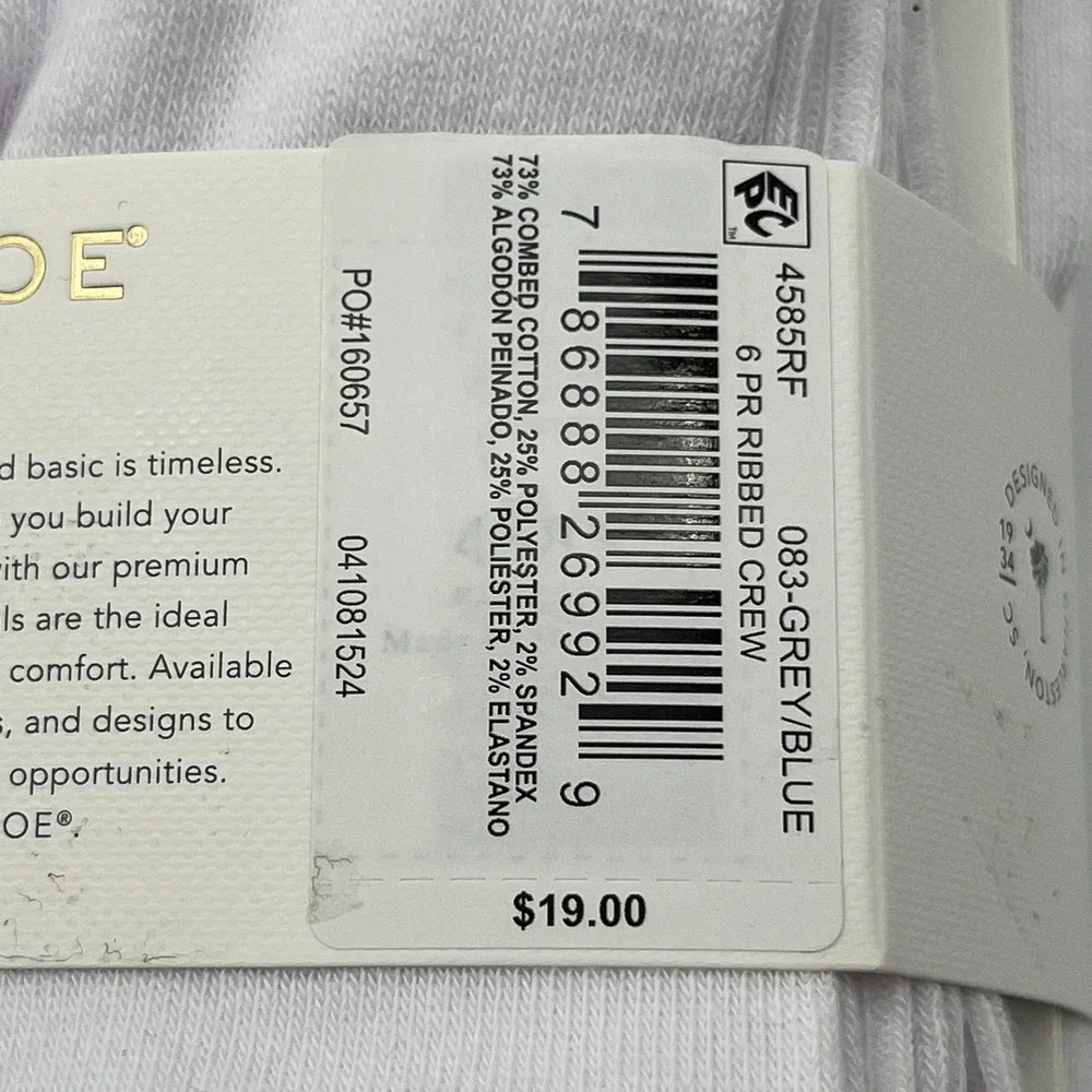 Goldtoe Socks Womens 6-9 White Casuals Ribbed Crew 6 Pair Pack Cotton Comfort